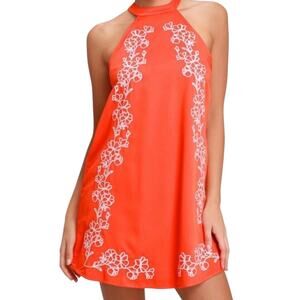 Lulus Fabiola Coral Orange Embroidered Halter Shift Dress NWT Size S